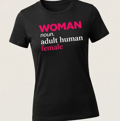 Bold typography t-shirt defining 'Woman' in pink, white, and light gray — printed on a women's shirt