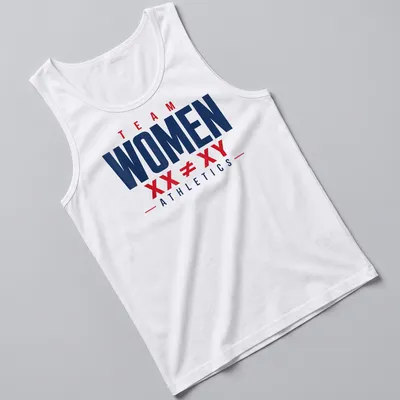 Bold typography on a navy athletic t-shirt celebrating women's sports. — printed on a tank top