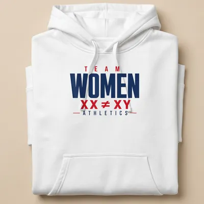 Bold typography on a navy athletic t-shirt celebrating women's sports. — printed on a unisex hoodie