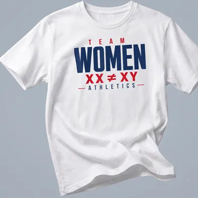Bold typography on a navy athletic t-shirt celebrating women's sports.