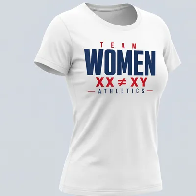 Bold typography on a navy athletic t-shirt celebrating women's sports. — printed on a women's shirt