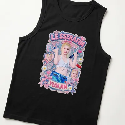 Colorful illustration of Yunjin from LE SSERAFIM with her name printed — printed on a tank top