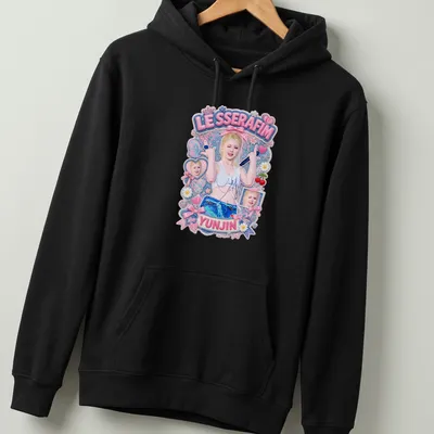 Colorful illustration of Yunjin from LE SSERAFIM with her name printed — printed on a unisex hoodie