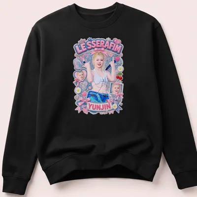 Colorful illustration of Yunjin from LE SSERAFIM with her name printed — printed on a unisex sweatshirt