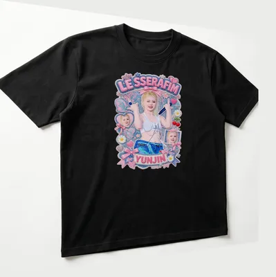 Colorful illustration of Yunjin from LE SSERAFIM with her name printed — printed on a unisex t-shirt (angled view)