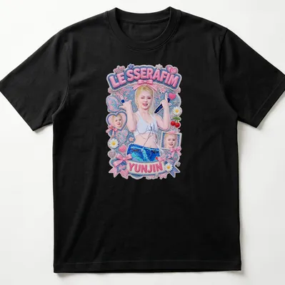 Colorful illustration of Yunjin from LE SSERAFIM with her name printed — printed on a unisex t-shirt