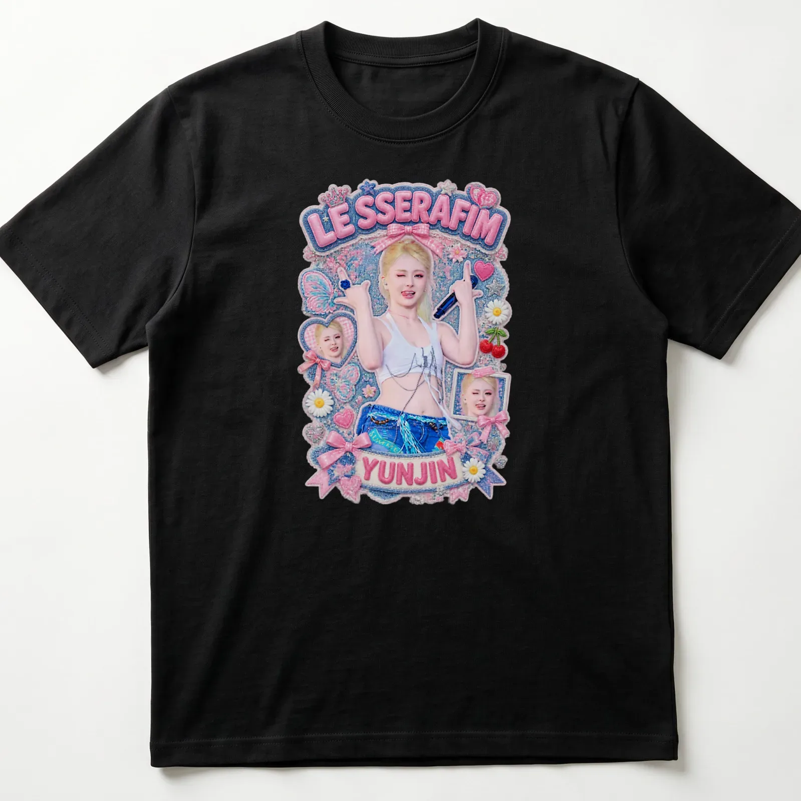 Colorful illustration of Yunjin from LE SSERAFIM with her name printed — printed on a unisex t-shirt