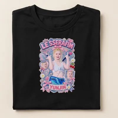 Colorful illustration of Yunjin from LE SSERAFIM with her name printed — printed on a women's shirt