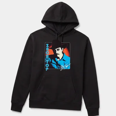 Bold retro cowboy graphic with the phrase Zach Top in blue, red, black, and white — printed on a unisex hoodie