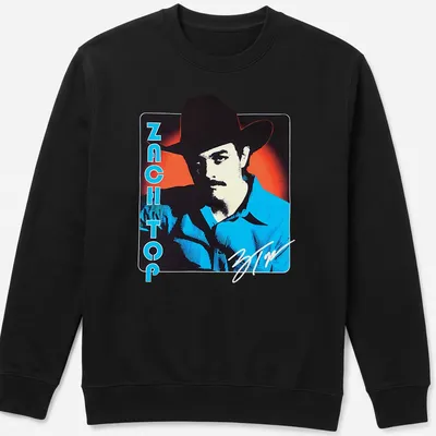 Bold retro cowboy graphic with the phrase Zach Top in blue, red, black, and white — printed on a unisex sweatshirt