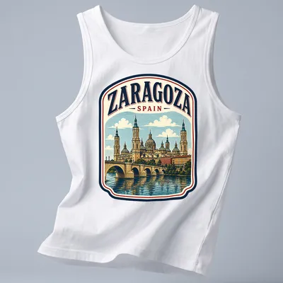 Vintage tee depicting Zaragoza Spain landmark with distressed text — printed on a tank top