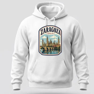 Vintage tee depicting Zaragoza Spain landmark with distressed text — printed on a unisex hoodie