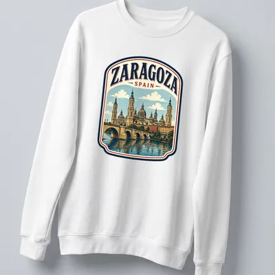 Vintage tee depicting Zaragoza Spain landmark with distressed text — printed on a unisex sweatshirt