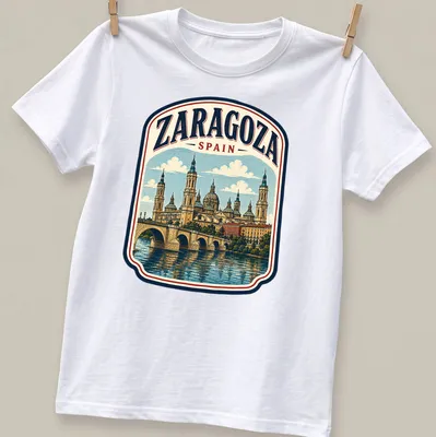 Vintage tee depicting Zaragoza Spain landmark with distressed text