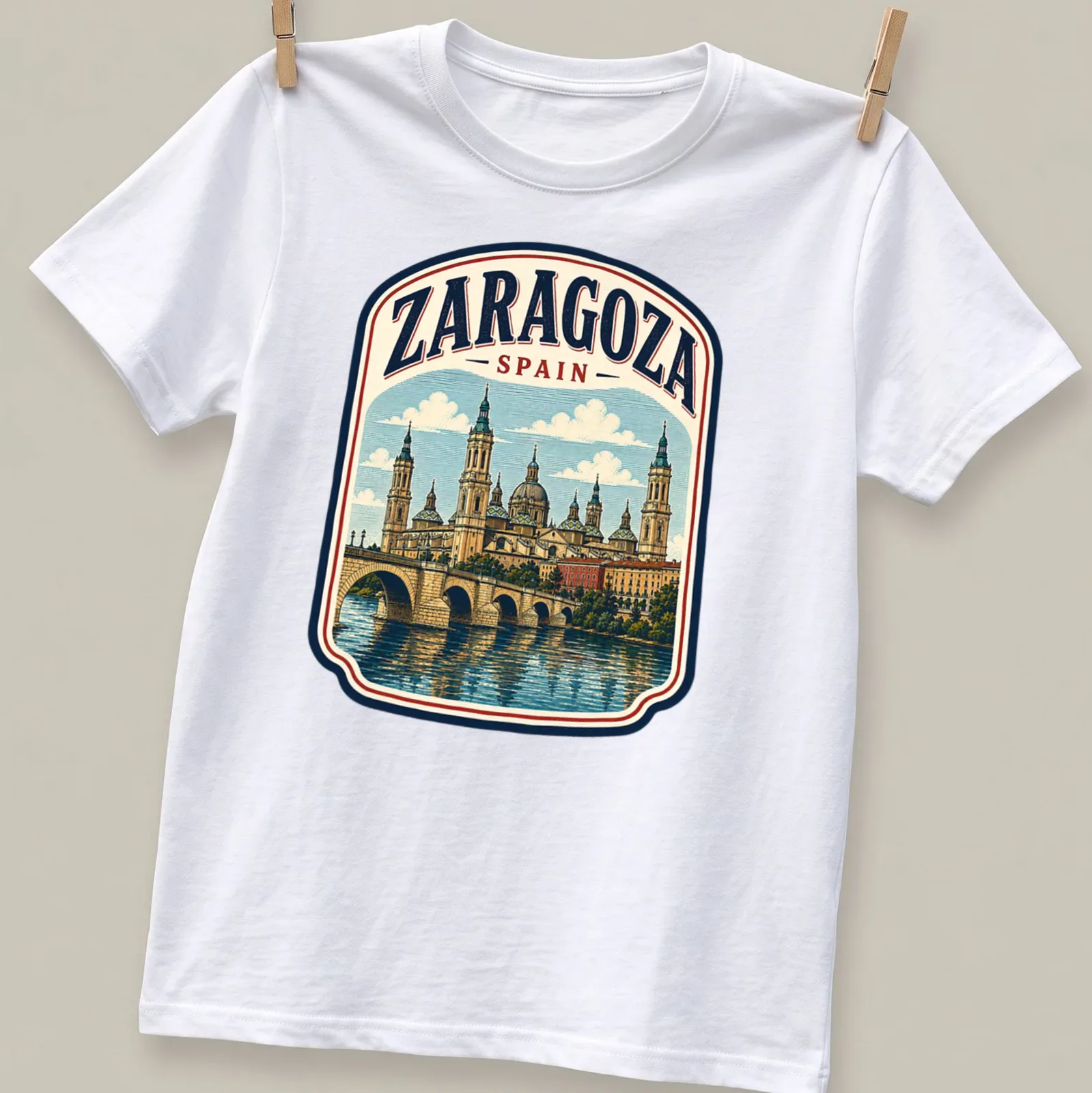 Vintage tee depicting Zaragoza Spain landmark with distressed text — printed on a unisex t-shirt