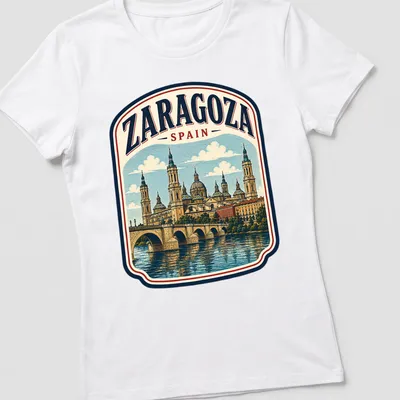 Vintage tee depicting Zaragoza Spain landmark with distressed text — printed on a women's shirt