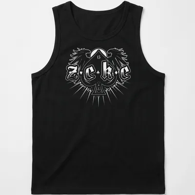 Bold typography shirt with the name 'ZEKE' in stylized black and white text — printed on a tank top