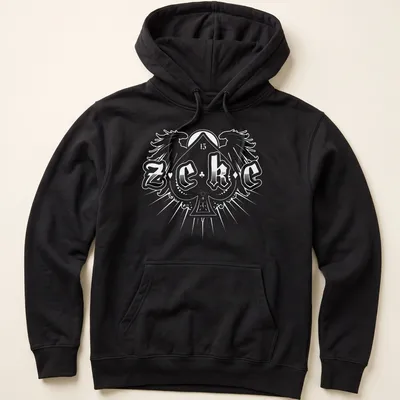 Bold typography shirt with the name 'ZEKE' in stylized black and white text — printed on a unisex hoodie