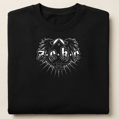 Bold typography shirt with the name 'ZEKE' in stylized black and white text — printed on a unisex sweatshirt