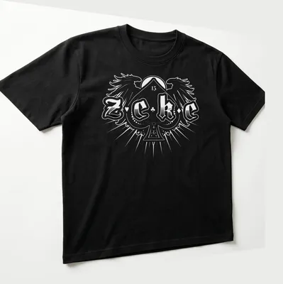 Bold typography shirt with the name 'ZEKE' in stylized black and white text — printed on a unisex t-shirt (angled view)