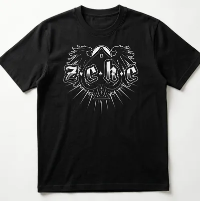 Bold typography shirt with the name 'ZEKE' in stylized black and white text — printed on a unisex t-shirt