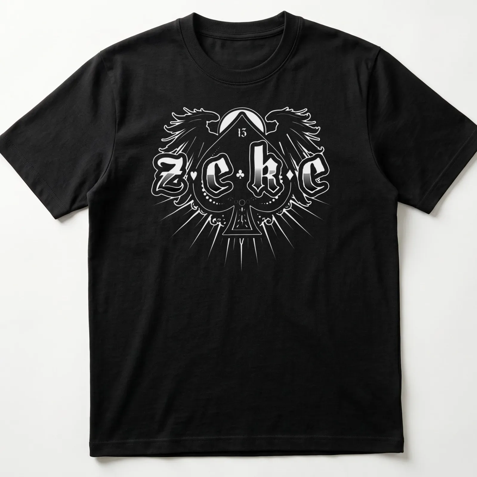 Bold typography shirt with the name 'ZEKE' in stylized black and white text — printed on a unisex t-shirt