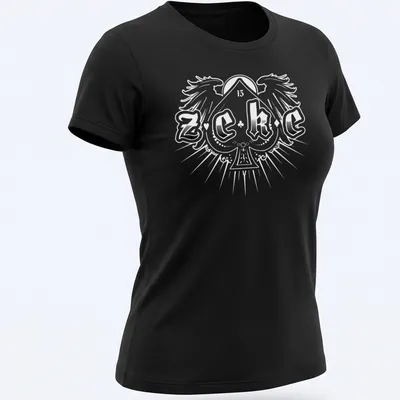 Bold typography shirt with the name 'ZEKE' in stylized black and white text — printed on a women's shirt